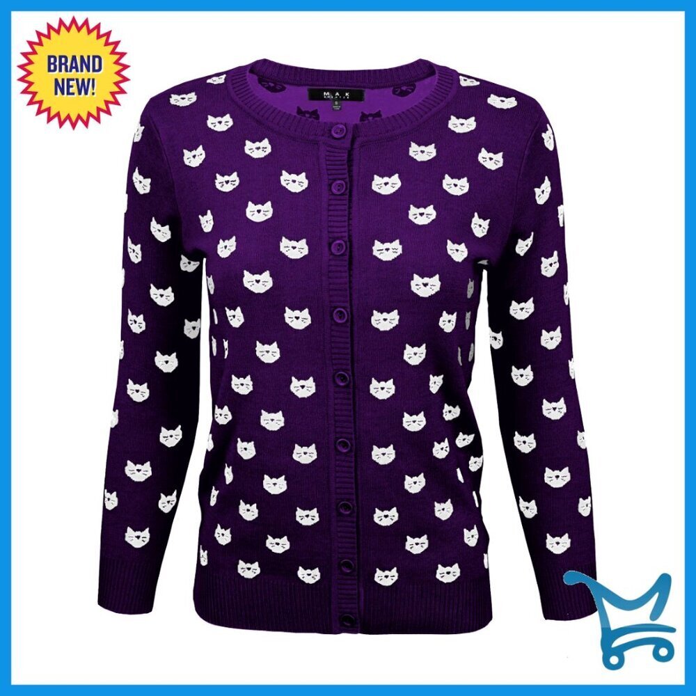 Women's Knit Cardigan 3/4 Sleeve Button Down Crewneck Cat Dog Pattern